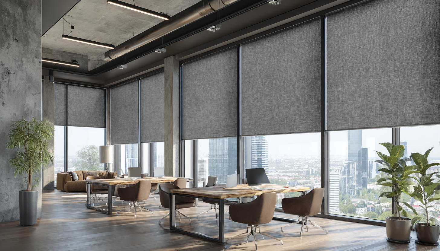 Commercial-grade roller shades in a modern office overlooking the city